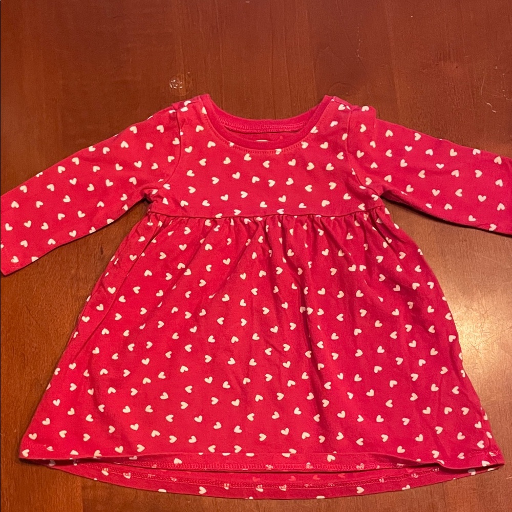 Red Long Sleeve Dress with Heart Pattern, 3-6m.